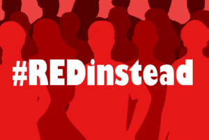 Rotes Bild, Silhouetten von Menschen in unterschiedlichen Rottönen, davor das Hashtag in weiß #REDinstead