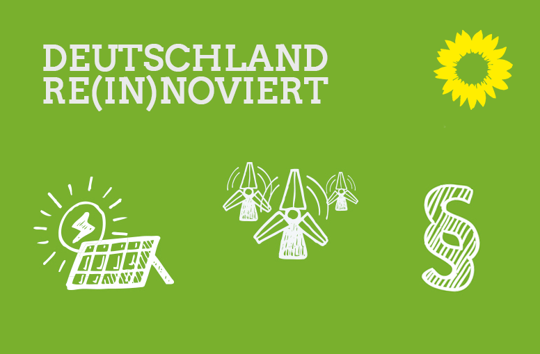 Auf grünem Grund wie ein Cartoon weiß gezeichnete erneuerbare Energieanlagen, Windrad, Photovoltaik, Solar, und ein Paragraphensymbol, in der oberen rechten Ecke das gelbe Sonnenblumenlogo der Grünen.