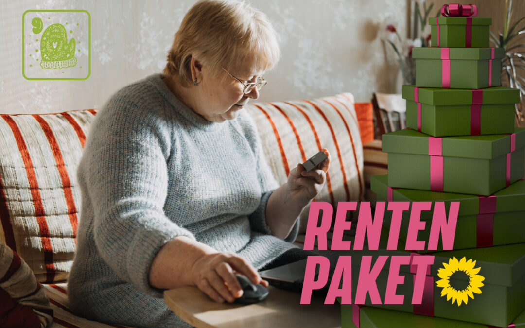 Eine alte Frau sitzt auf dem Sofa, in der Hand eine Kreditkarte, auf dem Tisch vor ihr Rechnungen. Als Grafik auf der rechten Seite ein Stapel grüner Päckchen, daneben der Titel 'Renten-Paket'