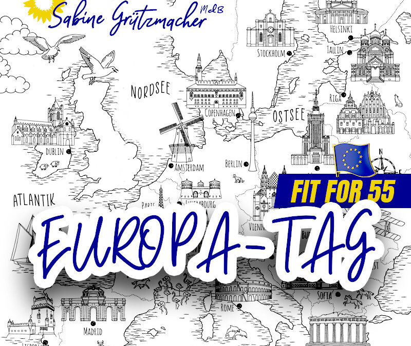 Eine handgezeichnete, bebilderte Karte der EU, darüber der Schriftzug 'Europa-Tag' und als Badge 'Fit for 55' in EU-blau und gelb.